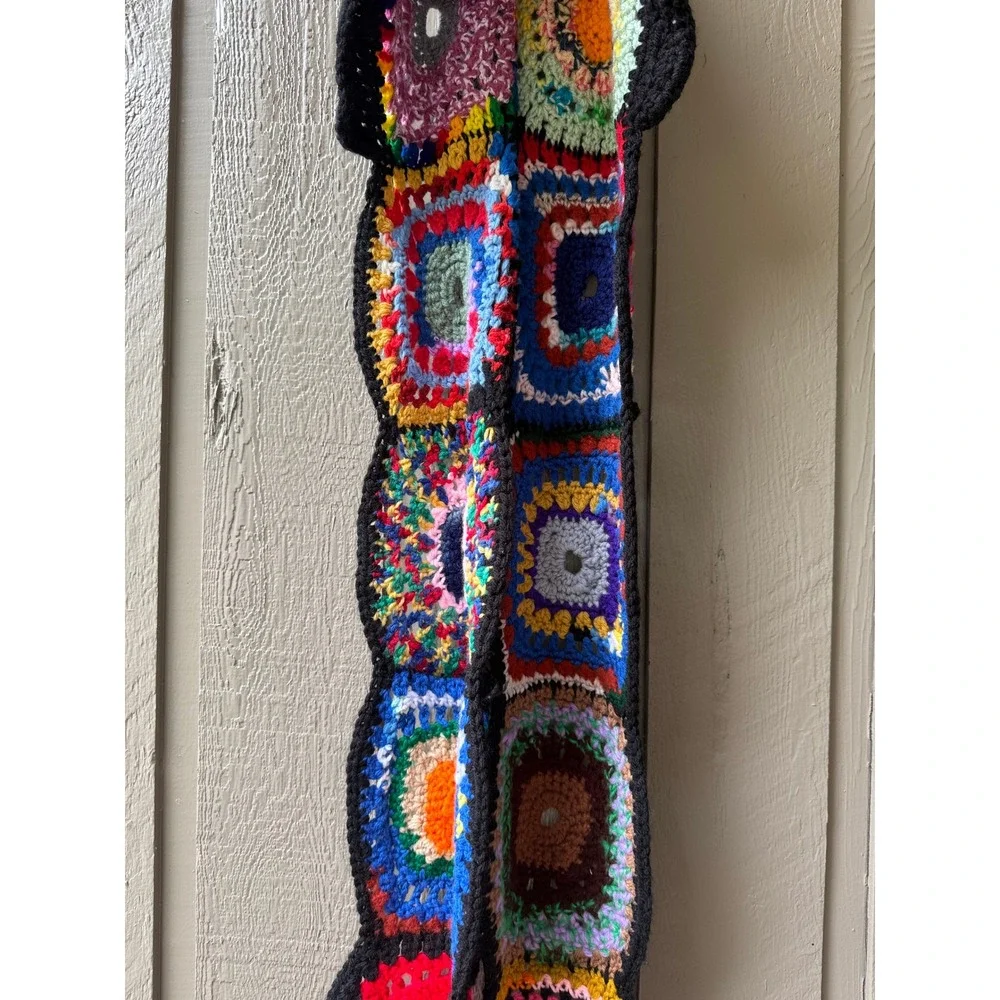 Vintage Handmade Crochet Hooded Scarf Granny Square Multi-Color Boho One Size